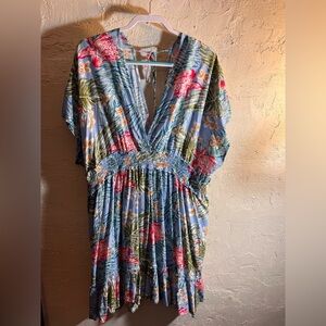 Blue Island Plus Plunge Neck Dolman Sleeve Mini Sundress/Swim Coverup summer